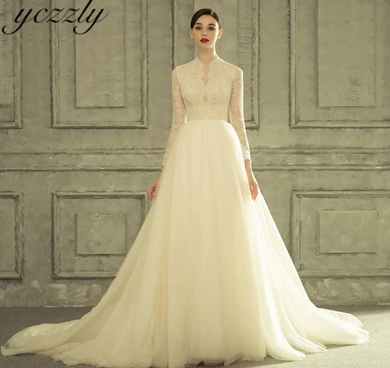 

Royal High Neck Ball Gown Princess Wedding Gowns Long Sleeves Lace Pearls Wedding Dress Plus Size Gelinlik W225