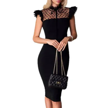 

Sexy Lace Polka Dot Midi Dress Women Bandage Slim Fit Bodycon Sleeveless Evening Club Party Dress OL Formal Business Midi Dress