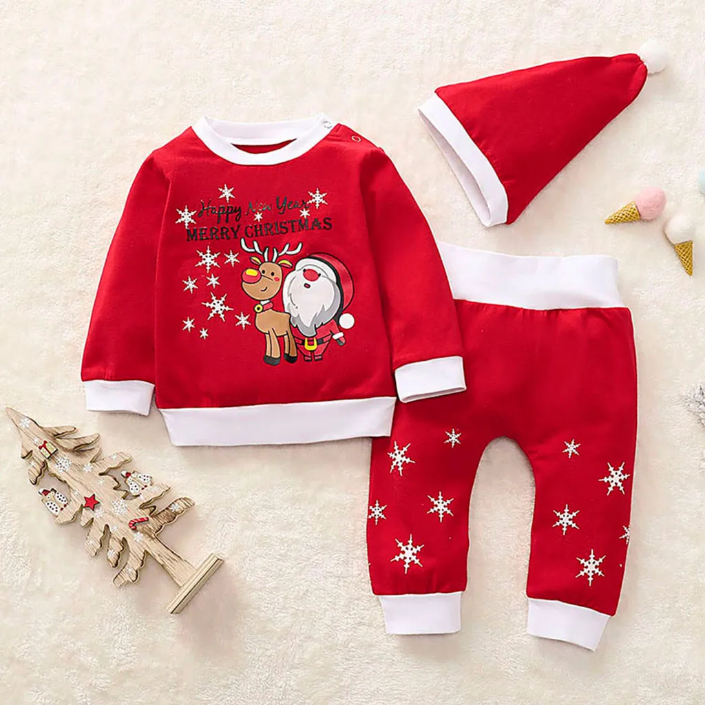 Красная одежда для маленьких мальчиков и девочек; Рождественская пижама с принтом Санты и оленя; одежда для сна; Рождественский костюм для малышей