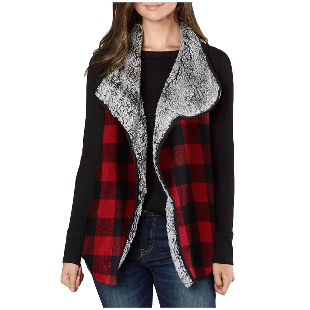 

JAYCOSIN Women Plush Composite Cardigan Plaid Vest Two-Side Women Winter Plaid Printed Sleeveless Warm Vest Jacket Coat Outwear