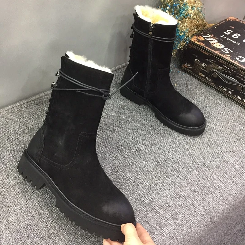Женские ботильоны с натуральным мехом; коллекция года; зимняя женская обувь; сапоги-снуды из натуральной кожи на платформе; женские короткие теплые шерстяные пинетки с ремешками