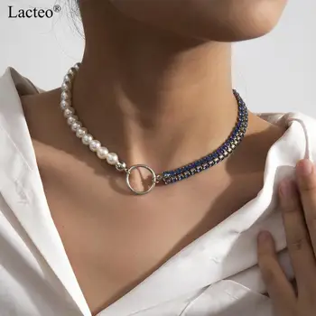 

Lacteo Shiny Sexy Colorful Rhinestone Chain Choker Necklace for Women Bohemian Imitation Pearl Clavicle Chain Charm Necklace