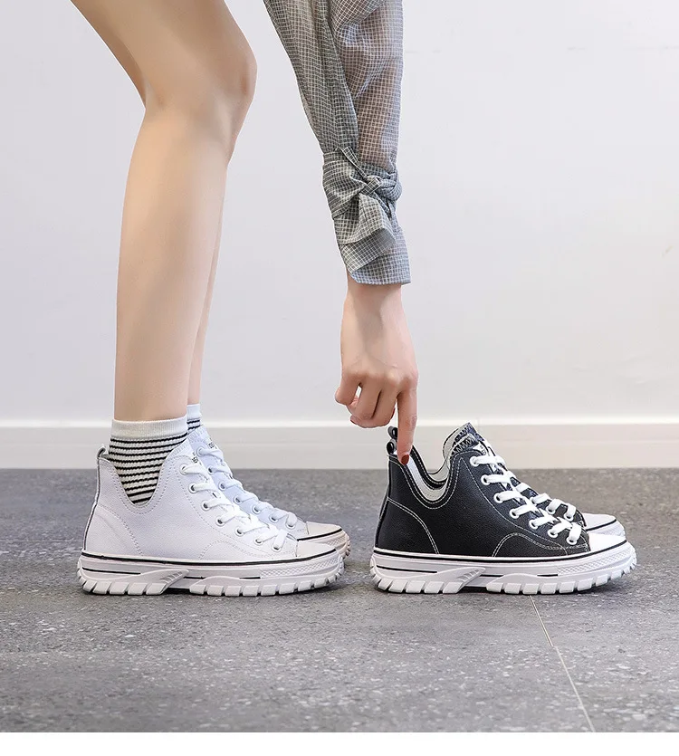 New type baitie thick bottom shoes leather casual flat sole shoes high-top small white shoes for women safety shoes waterproof