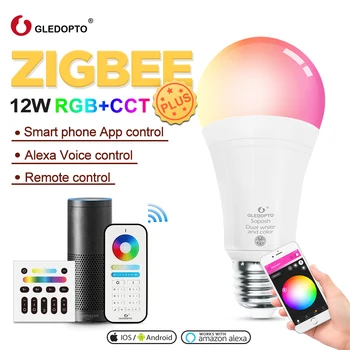 

White and Color E27 12W LED smart bulb 2-Pack,Zigbee compatible 3.0 gateway ,voice activated with Alexa, 6-zone remote