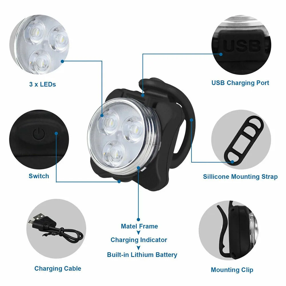 Cycling Bicycle Bike 3 LED Head Front With USB Rechargeable Tail Clip Light Lamp Outdoor Cycling bike accessories 4 modes