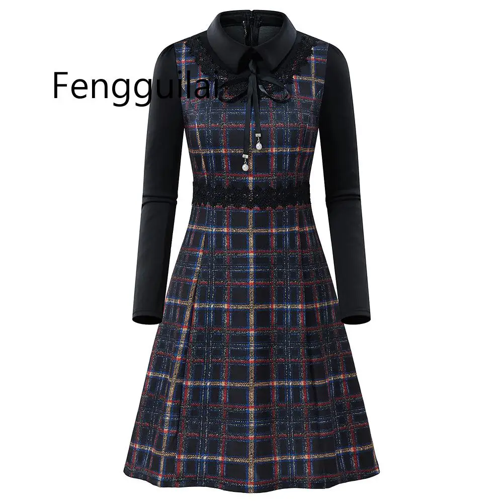 

FENGGUILAI Women Grid Stripe Dress Elegant Lady Office Long Sleeve Dress Women Tunic Bandage Midi Dress Plus Size Autumn Winter