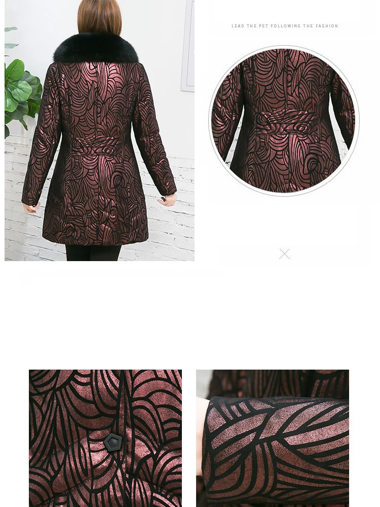 7XL Plus Size Genuine Leather Coat Highstreet Real Fox Fur Collar Hooded Floral Print Sheepskin Long Coats Women Winter Outwear
