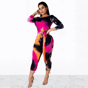 

Women Colored Drawing Sheath Calf-Length Rompers Casual Woman Slash Neck Off The Shoulder Bodycon Jumpsuits With Sashes