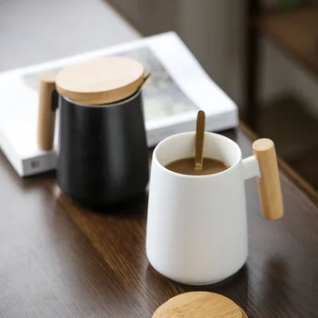 

Large capacity wooden handle mug with spoon lid,Milk Juice Lemon Mug Coffee Tea Cup Home Office Drinkware Valentine's Day Gift