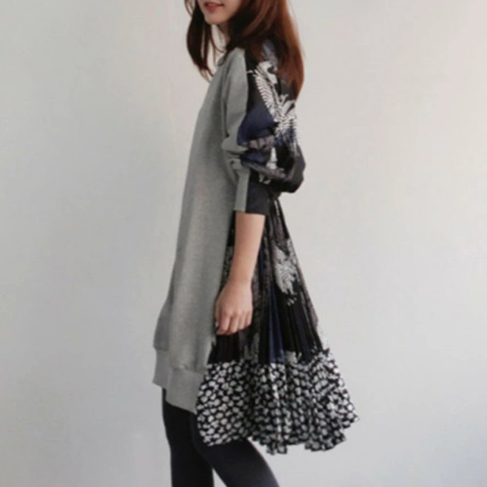 

Korean Designer Fashion Dress Women Spring Autumn Long Sleeve Elegant Asymmetrical Patchwork Stylish Pinted Causal Dresses