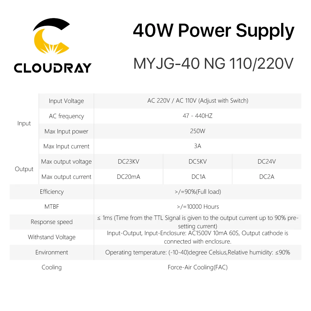 Cloudray 40 Вт CO2 лазерный Питание MYJG 40T 110V 220V для станок лазерной резки и гравировки
