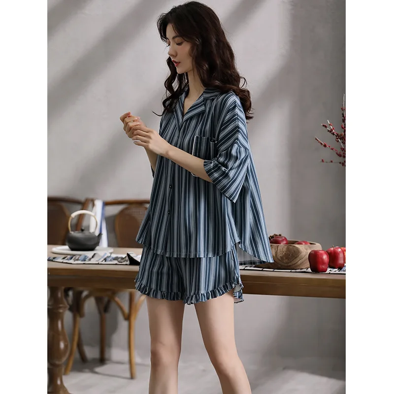 Women Satin Silk Pajama Sets Cute Cartoon Sleepwear Womens Homewear Stripe Floral Print Short Sleeve Top and Shorts Pyjamas
