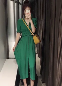 

2020 Real Sale Summer Polyester A-line V-neck Ukraine Women Dress Woman Dress Retro Over The Knee Waist Eustoma Avocado Female