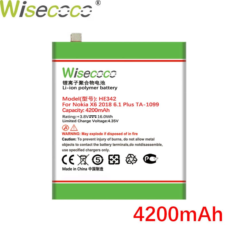 WISECOCO 4200 мАч HE342 батарея для Nokia X6 2018 6 1 Plus TA 1099 мобильный телефон с номером