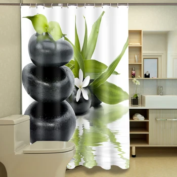 

Upscale DIY Printed Shower Curtain Black Stone & Flowers Pattern Waterproof Thickened Fabric Bathroom Curtains Customizable