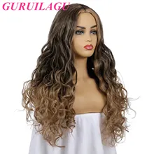 GURUILAGU-Peluca de cabello sintético para mujer, cabellera artificial largo de ondas onduladas, color marrón degradado, parte media Natural, fibra resistente al calor