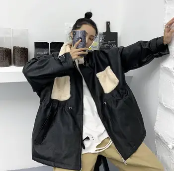 

Autumn Winter Motorcycle Pu Leather Jacket Women Fur Patchwork Coat Harajuku Jackets Thicken Parkas