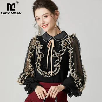 

Fashion Runway Pullover Blouse Women's Peter Pan Collar Long Sleeves Ruffles Elegant Patchwork Ladies Knitted Sweater Shirt Tops