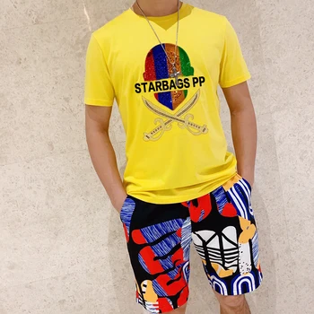 

2020 summer fashion PP new diamond personalized original skull color print cool slim shorts short t-shirt men's suit