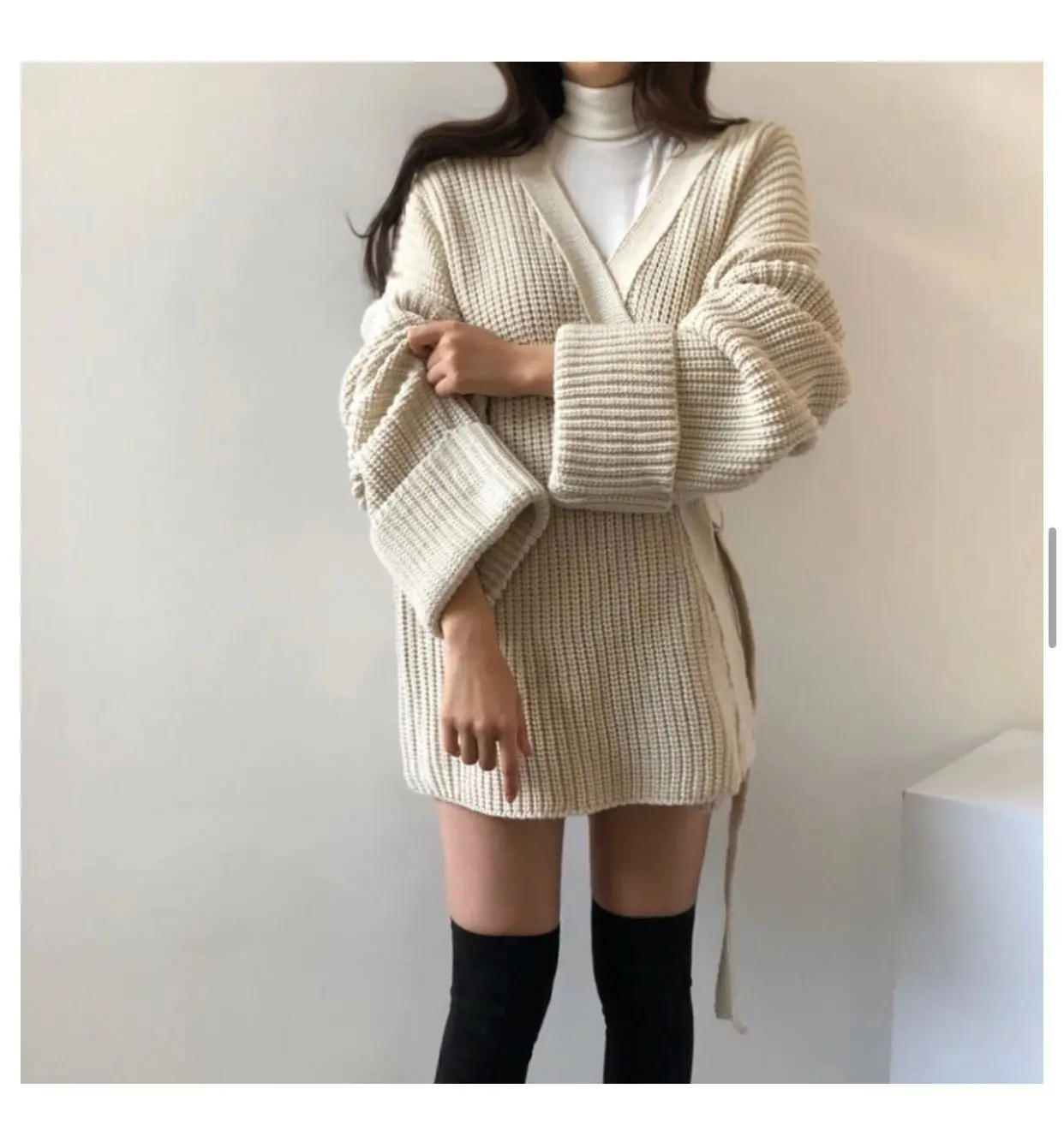 Neploe Lace Up Slim Waist Knitted Cardigan Long Sleeve V-neck Medium-long Sweater Coat Korean Autumn Winter Jumper Jacket 55718