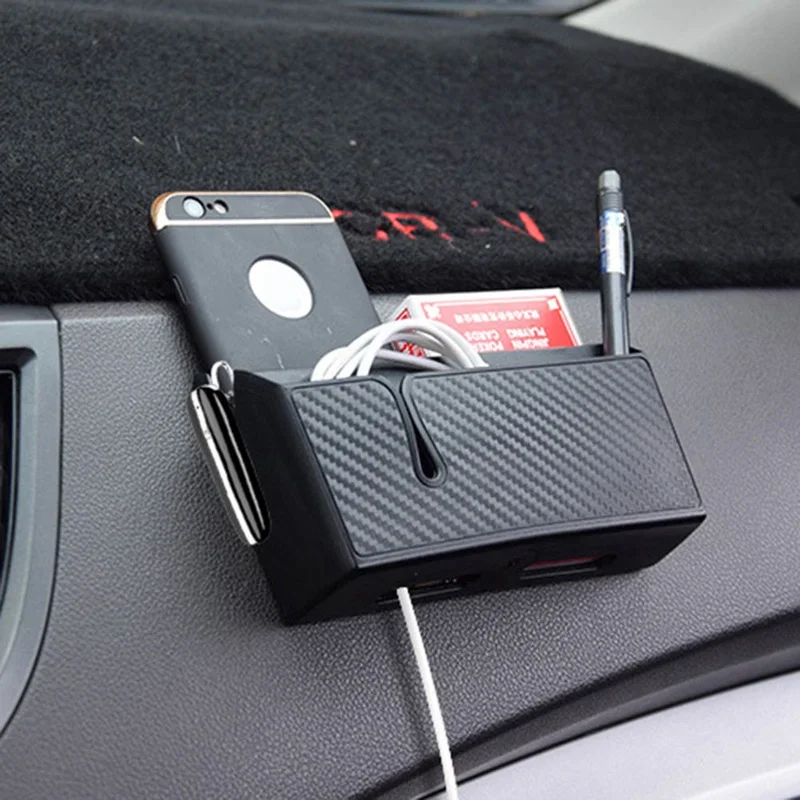 1Pc Carbon Fiber Car PVC Storage Box Organizer Car Inner Mobile Phone Cradle Holder Car Accessories