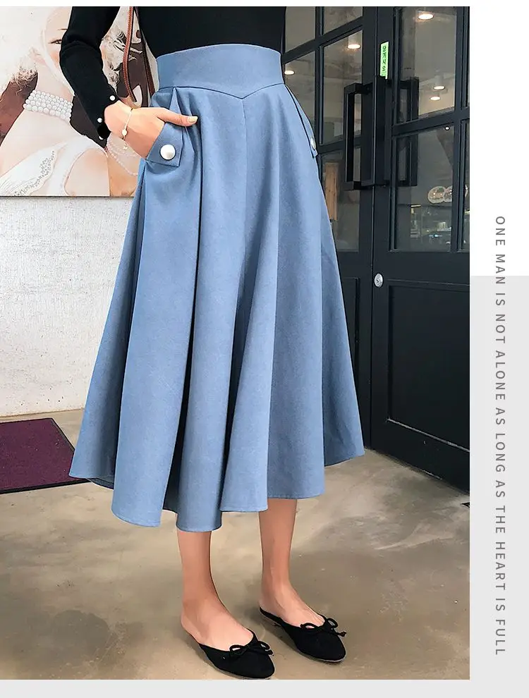 blue NYFS New Autumn High waist Skirts Fashion Mid-length Umbrella skirt Women Slim Office Skirt Faldas Mujer Saias - Цвет: blue
