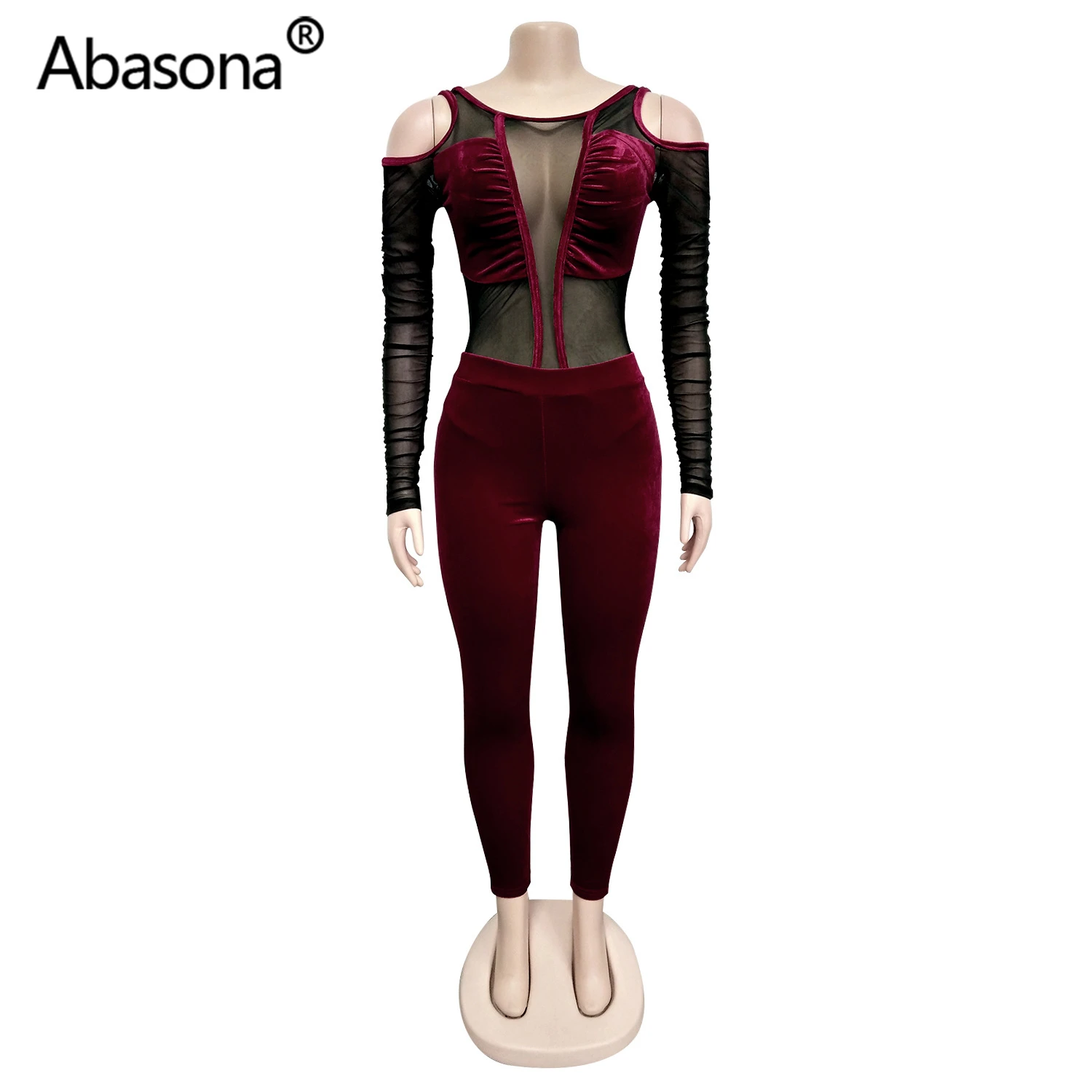 Abasona, зимний женский комплект, спортивный костюм, длинный рукав, сетка, бархат, боди+ штаны, костюм, комплект из двух предметов, сексуальные вечерние костюмы для ночного клуба - Цвет: Бургундия