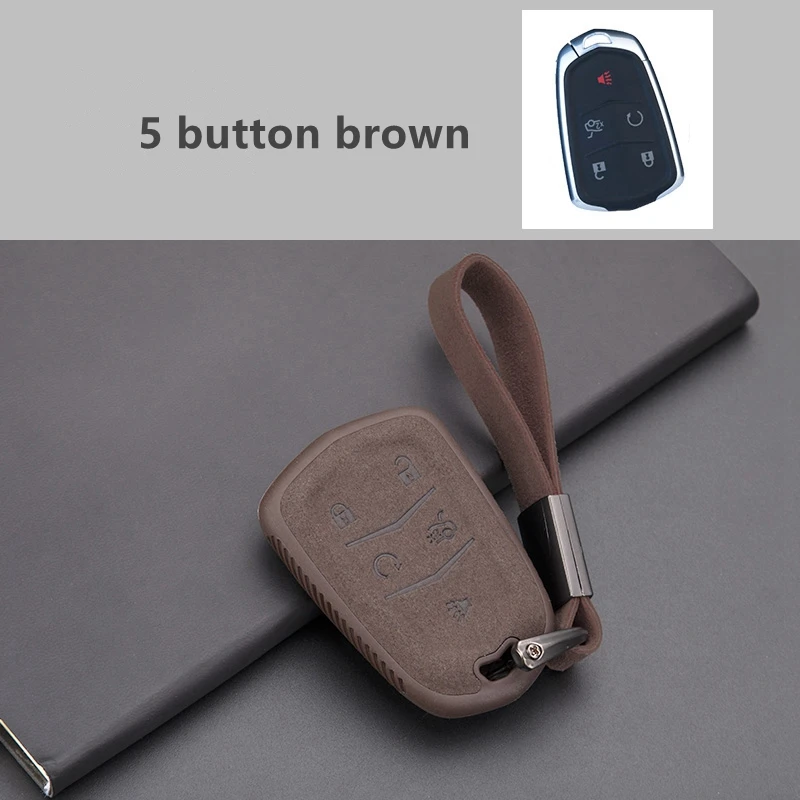 5 button brown Автомобильный замшевый кожаный чехол для ключей держатель для Cadillac ESV Escalade CTS XTS SRX ats CT5 XT5 XT6 аксессуары - Название цвета: 5 button brown