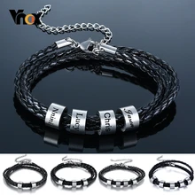 Vnox Free Personalize Family Name Bracelets for Men Layered Leather With Beads Charm