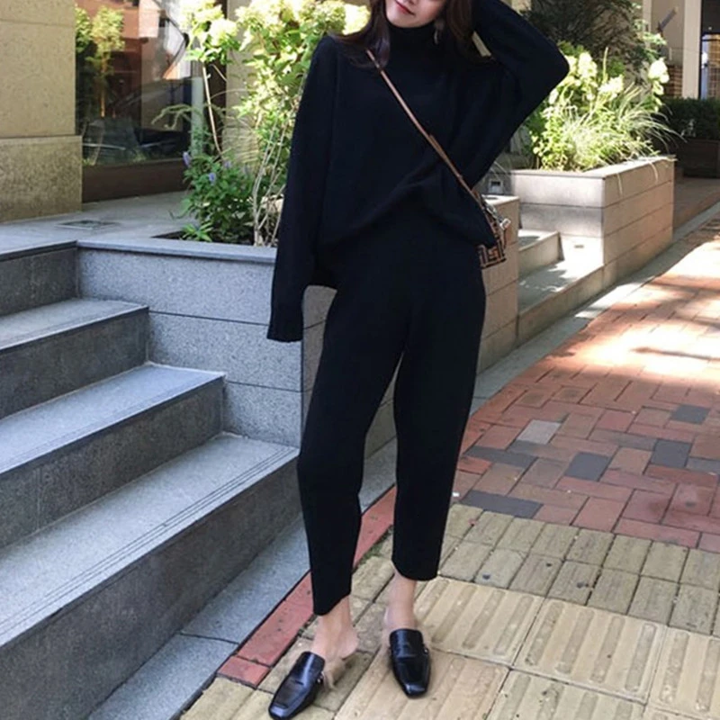 

RICORIT Knitted Tracksuit Women Turtleneck Swearshirts Female 2 Two Piece Outfits Set Suit Clothing Knitting Pant Pants Suit