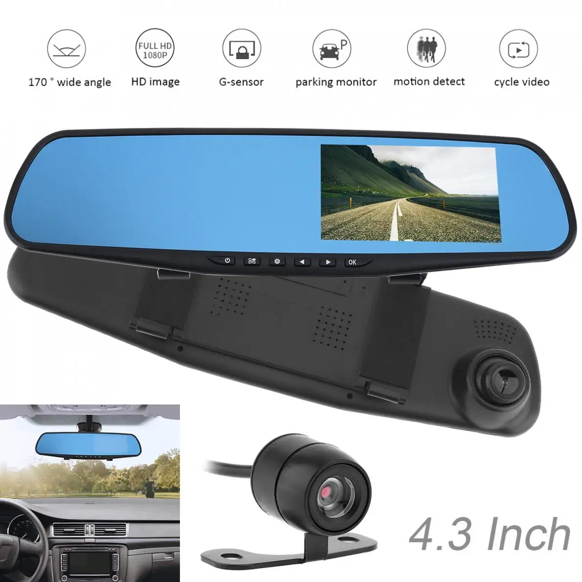 1080P Full HD зеркало заднего вида Автомобильный видеорегистратор Обнаружение