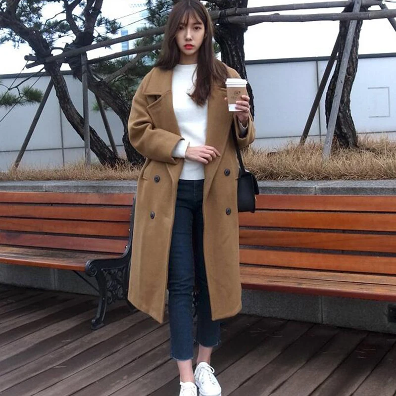 Women Woolen Coat Female New Leisure Loose Large Size Double-breasted Long Faux Wool Coat Abrigos Mujer Invierno