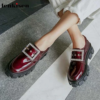 

Lenkisen crystal buckle straps genuine leather round toe med heels thick bottom fashion Princess dating vulcanized shoes L38