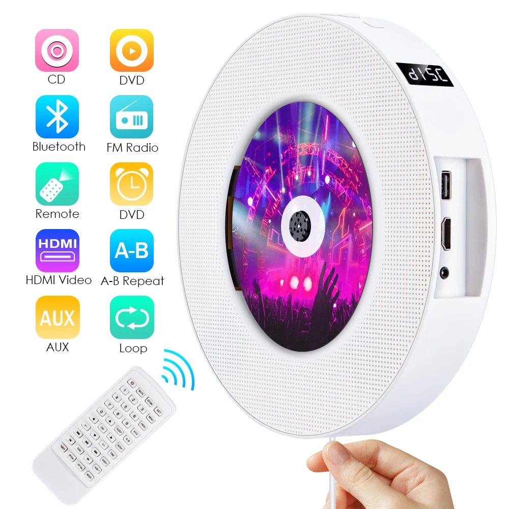 

Qosea Portable Wall Mountable Bluetooth CD/DVD Player USB LED Display HiFi Speaker Audio with Remote Control FM Radio Built-in