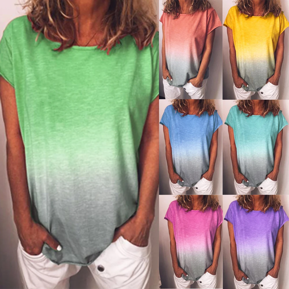 Женская футболка Boho Lady Rainbow Gradient с коротким рукавом, большие размеры, летняя пляжная одежда свободного кроя в повседневном стиле, хлопковый женский топ с градиентом