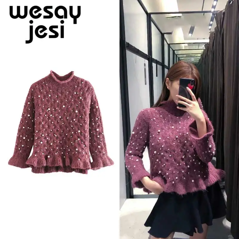 Women Sweater vintage Elegant pearl weave Mandarin collar long sleeve sweaters women pull femme sweaters chic women pullovers