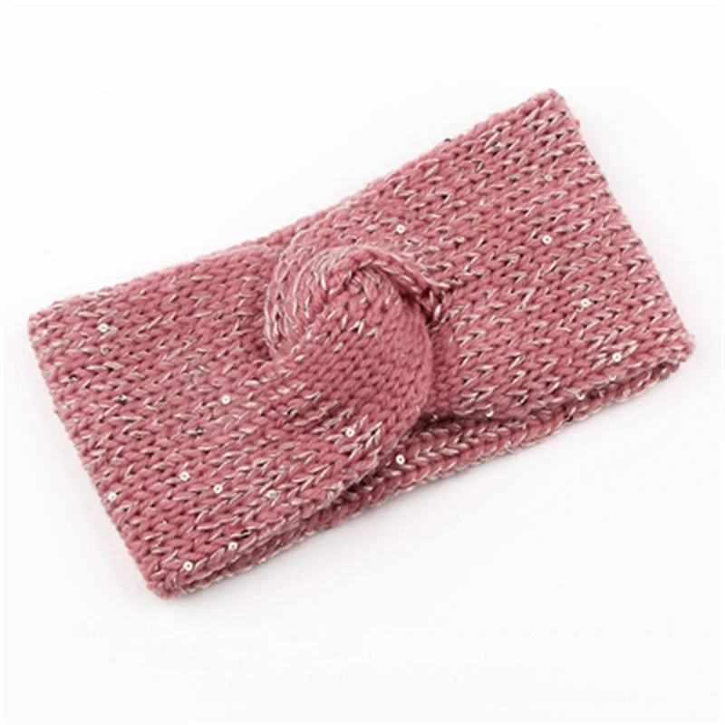 pink Новинка, зимняя теплая вязаная повязка на голову с ушками, головной убор с бантом для женщин, однотонная блестящая эластичная чалма, повязка на голову, аксессуары для волос - Цвет: pink