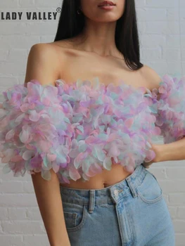 

Free shipping Sexy leaky back shoulders multi-color cascading petals tube top shirt ladies summer new fashion short section tops