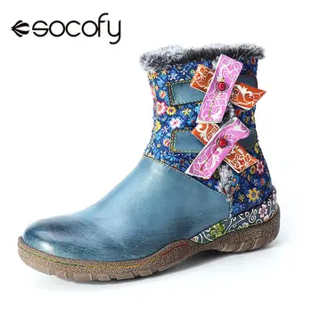 

SOCOFY Bohemian Vintage Women Warm Snow Plush Lining Ankle Flat Boots Flowered Hook Loop Zip Ladies Shoes Woman Booties 2020