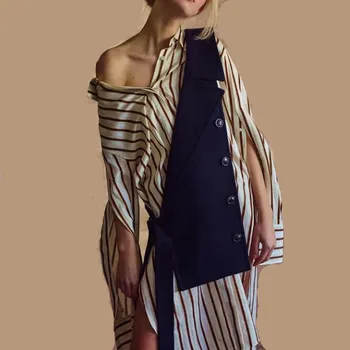 

Women Two Piece Sets Loose Oversize Stripe Long Blouse And Reversible Waistcoat Women