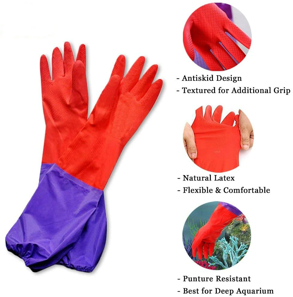1 Pair Aquarium Water Change Gloves 19.6 Inches No-Skid Design Seamless Stitching Elastic Cuff Regular Fish Tank Maintenance