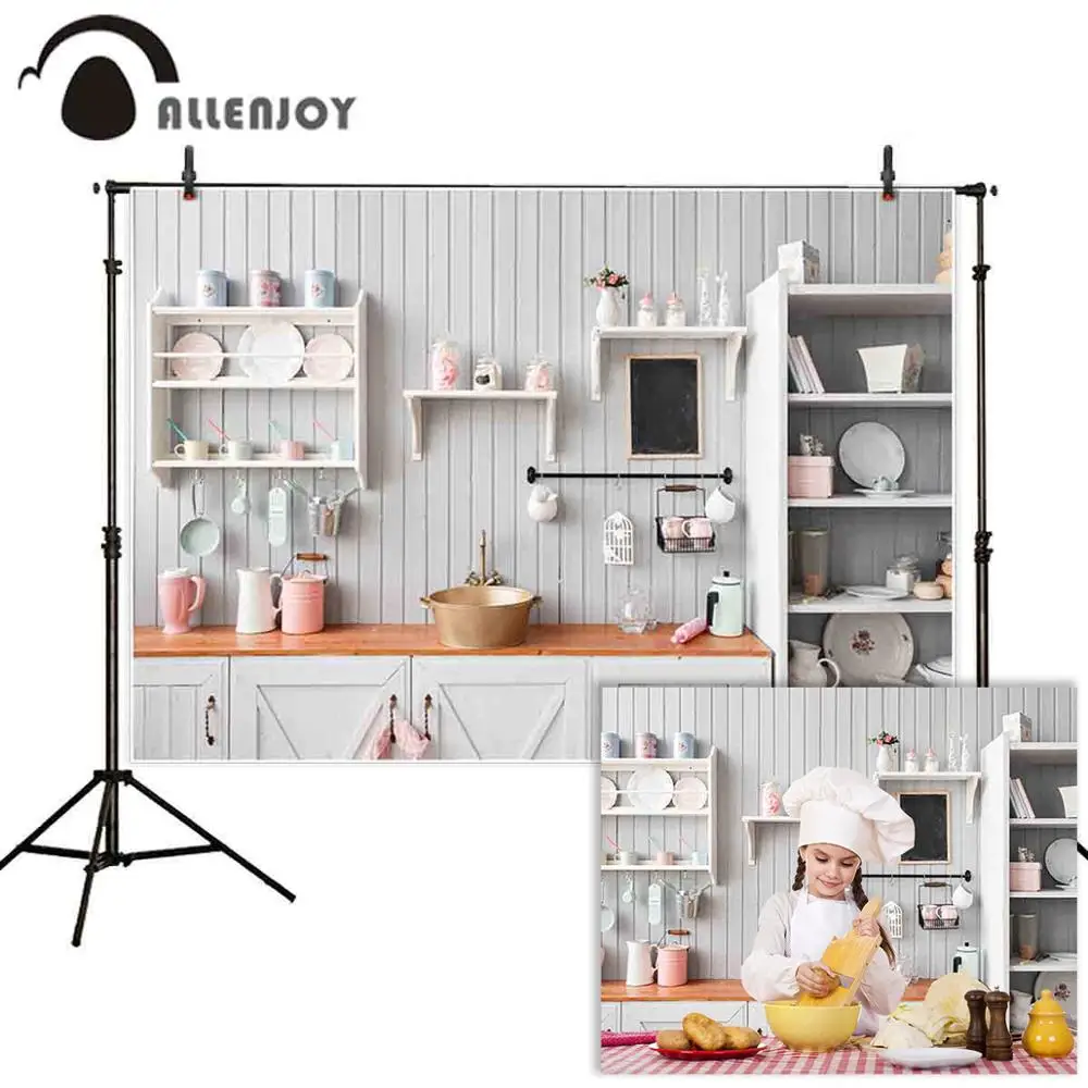 Allenjoy Kitchen Backdrop Photography White Wood Cupboard Kitchenware