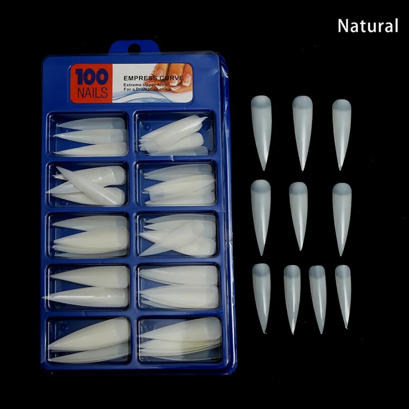 100 шт Натуральные Искусственные накладные длинные остроконечные ногти, акриловые накладные ногти с полным покрытием, инструменты для маникюра