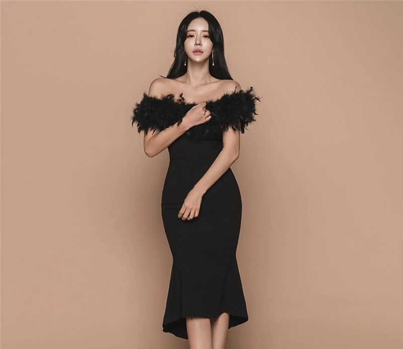 BGTEEEVR, женское вечернее платье, vestidos, с вырезом лодочкой, с перьями, платье русалки, с коротким рукавом, сексуальное, тонкое, женское платье-миди, женское черное платье
