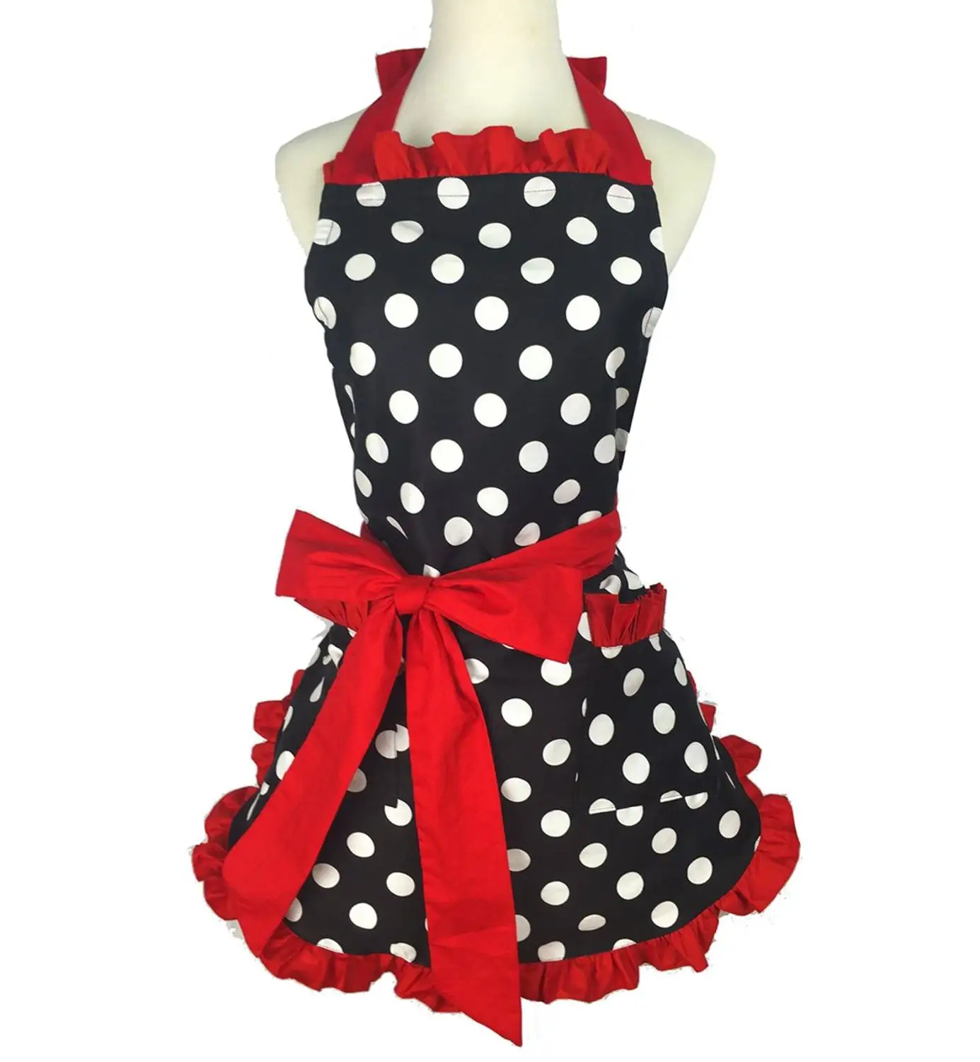Lovely Stylish Retro Lacy Vintage Flirty Maid Polka Dot Cooking Kitchen aprons for woman Working Adjustable Apron with Pockets