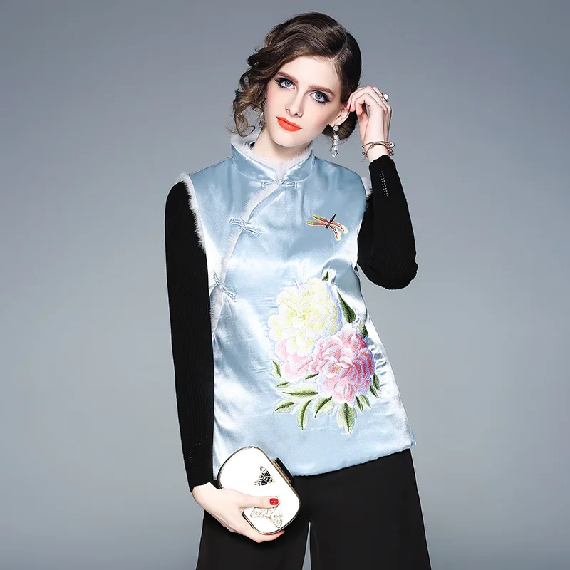 

Chinese-style Vest Short Cotton-padded Clothes Women's 2018 Winter Vintage Industrial Peony Embroidered Cheongsam Style Clip Cot