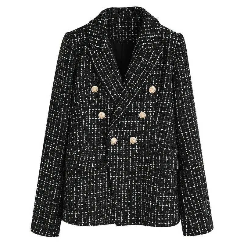 

PERHAPS U white beige black plaid notch collar long sleeve Double-breasted pocket loose suit fit casual chic blazer tweed C0196