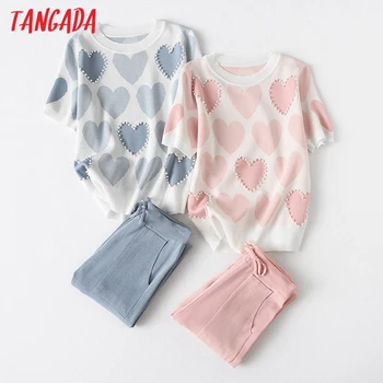 

Tangada 2020 Women tracksuit sets heart pattern pearl sweater top pants suit 2 pieces sets elegant jumper pants suits YU17