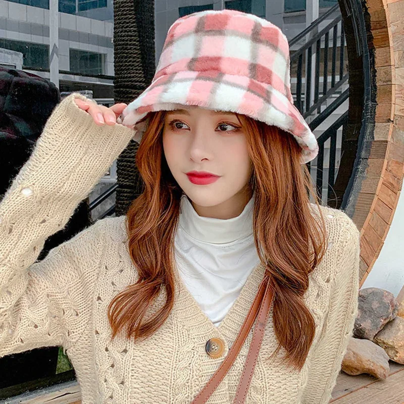 

2020 Winter Ladies Female Plush Fisherman Hat Female Imitation Mink Down Pot Hat Zebra Pattern Winter Pot Hat