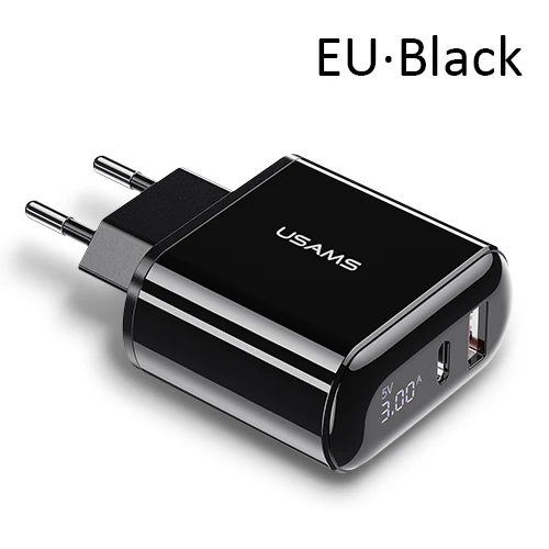USAMS Quick Charge 3,0 USB зарядное устройство светодиодный дисплей 18 Вт QC3.0 PD 3,0 быстрое зарядное устройство для iPhone iPad Pro двойные порты, для мобильных телефонов зарядное устройство - Тип штекера: EU Charger Only